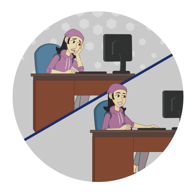 split screen showing an unhappy learner and a happy learner