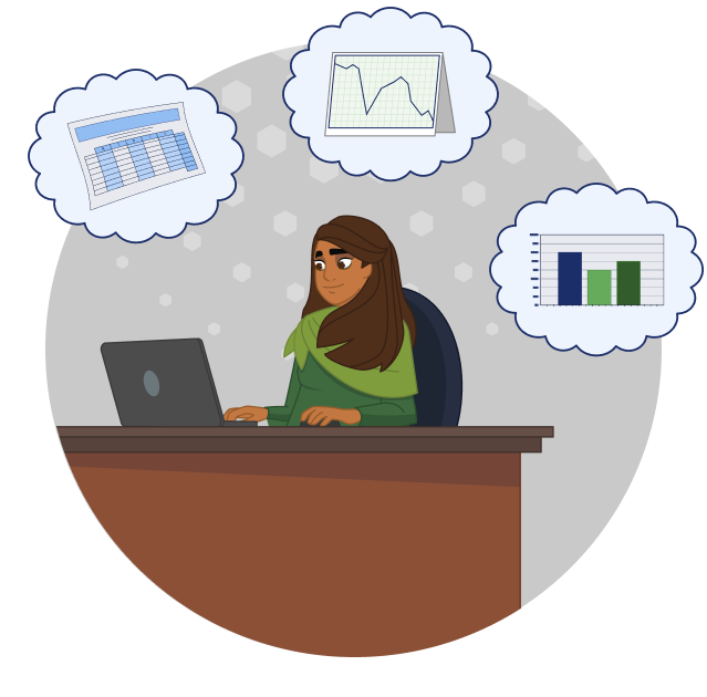 A woman typing at a laptop. Around here are bubbles showing a spreadsheet, line graph, and bar graph