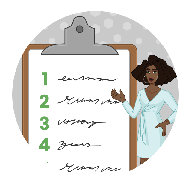 A smiling woman gestures to an oversized checklist