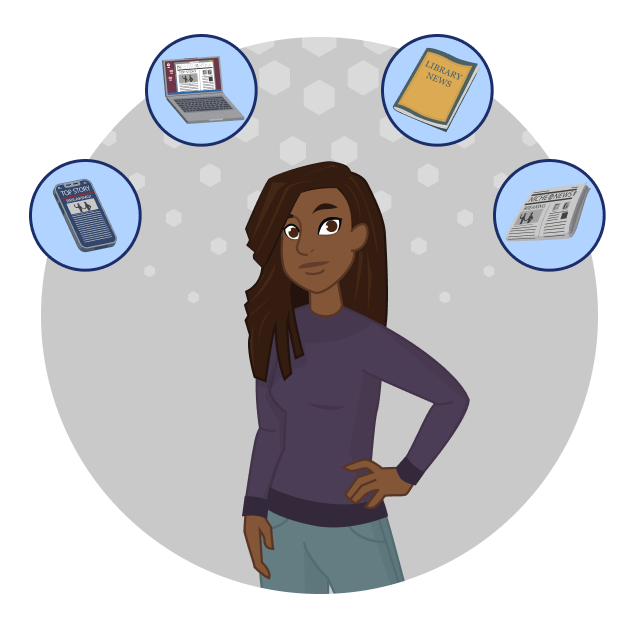 A college student stands in the middle of the screen. Around her are four bubbles showing a smartphone, laptop, magazine, and newspaper. 