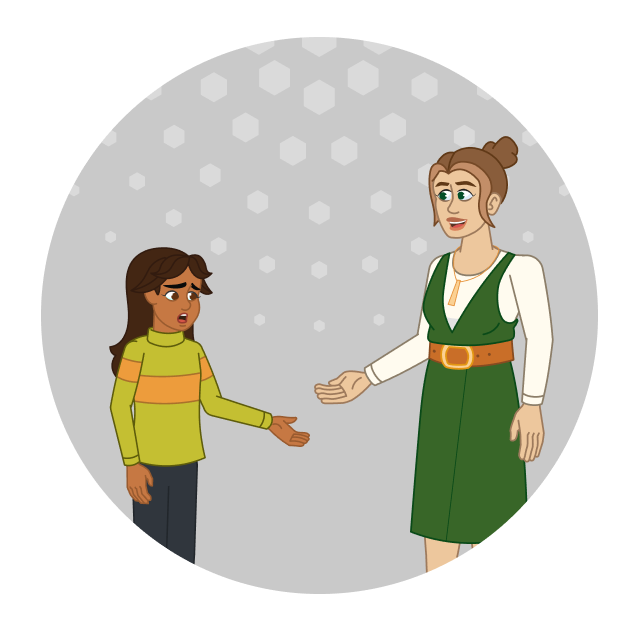 A librarian talks with a young girl who looks stressed and confused. 