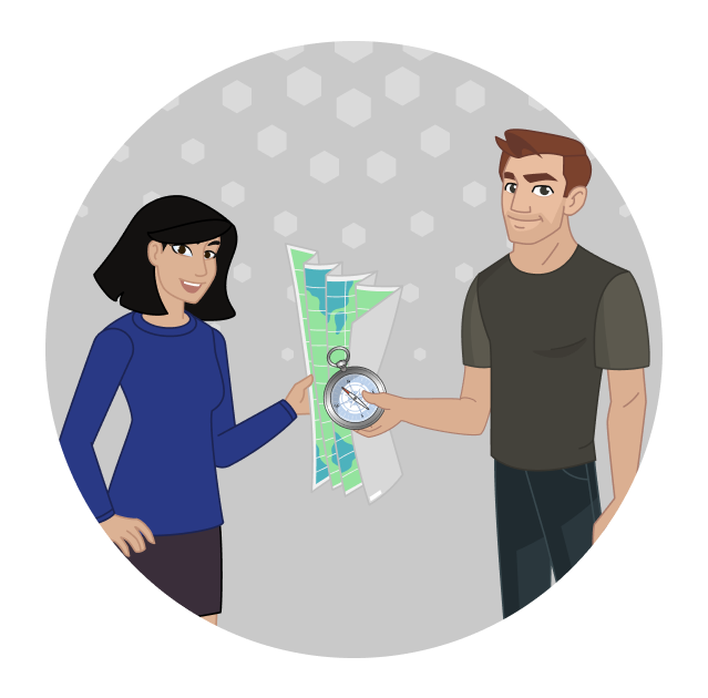 A man and woman smile looking at the camera. The woman holds a map and the man holds a compass