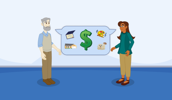 A man and a woman face each other. A talk bubble in the middle shows a dollar sign surrounded by a building, diploma, art palette and cat.