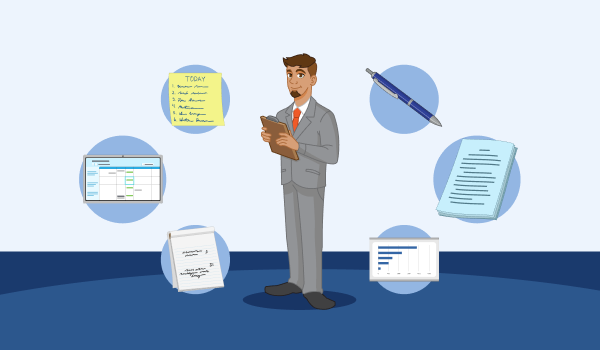 A man in a suit holds a clipboard. Around him, various bubbles show a notepad with writing, an online calendar, a post-it note, a pen, a stack of papers, and a bar graph.