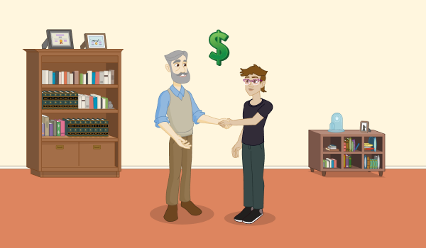 An older man shakes hands with a young adult. A dollar sign is between them. 