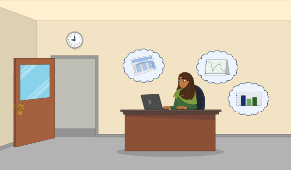 A woman typing at a laptop. Around here are bubbles showing a spreadsheet, line graph, and bar graph
