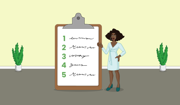 A smiling woman gestures to an oversized checklist