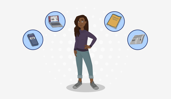 A college student stands in the middle of the screen. Around her are four bubbles showing a smartphone, laptop, magazine, and newspaper. 