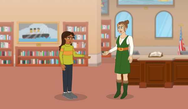 A librarian talks with a young girl who looks stressed and confused. 