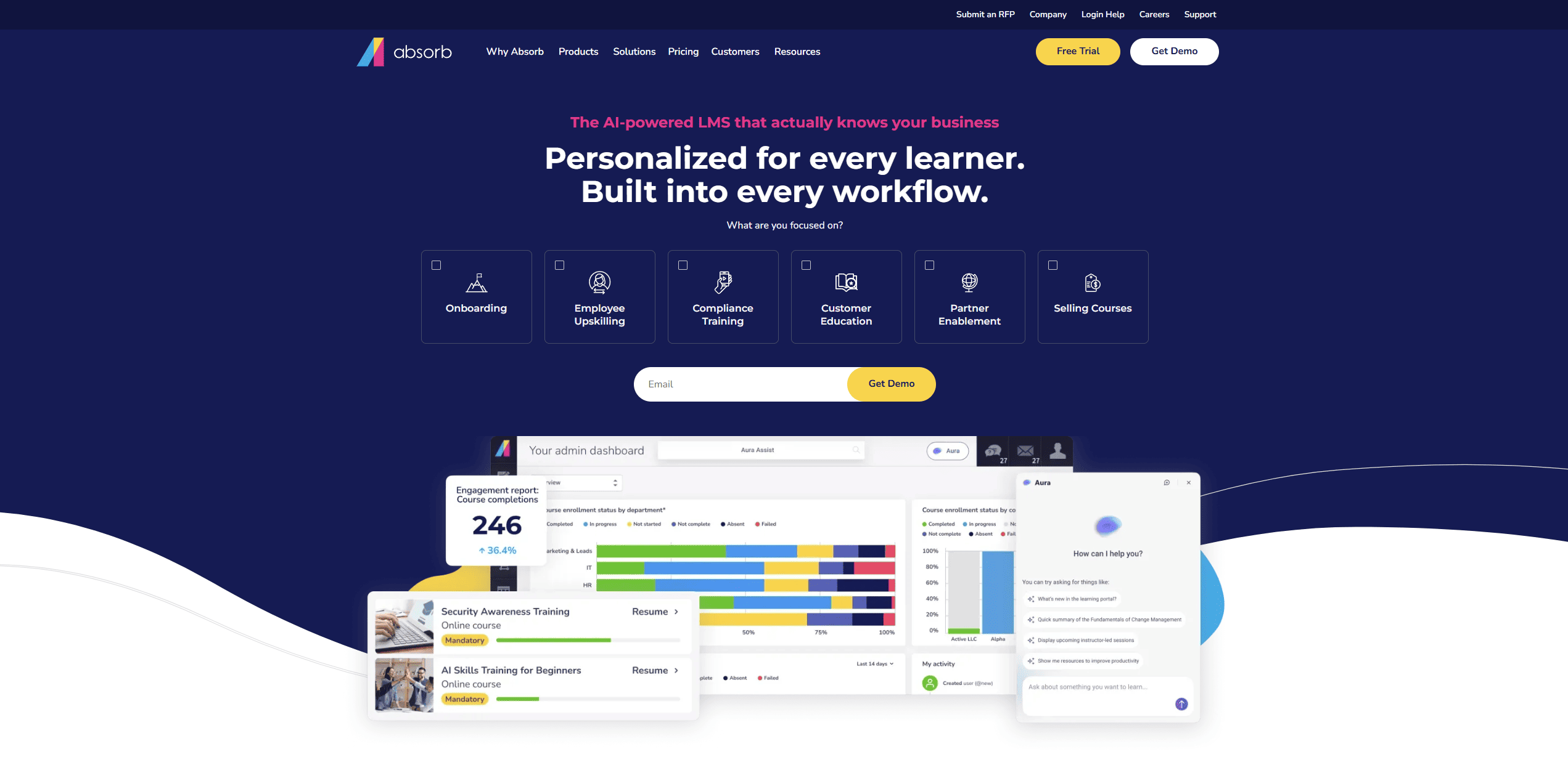 Screenshot of Absorb LMS' homepage