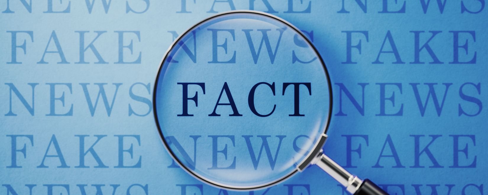 A blue background with the repeated words Fake News, with a magnifying glass over the word FACT.