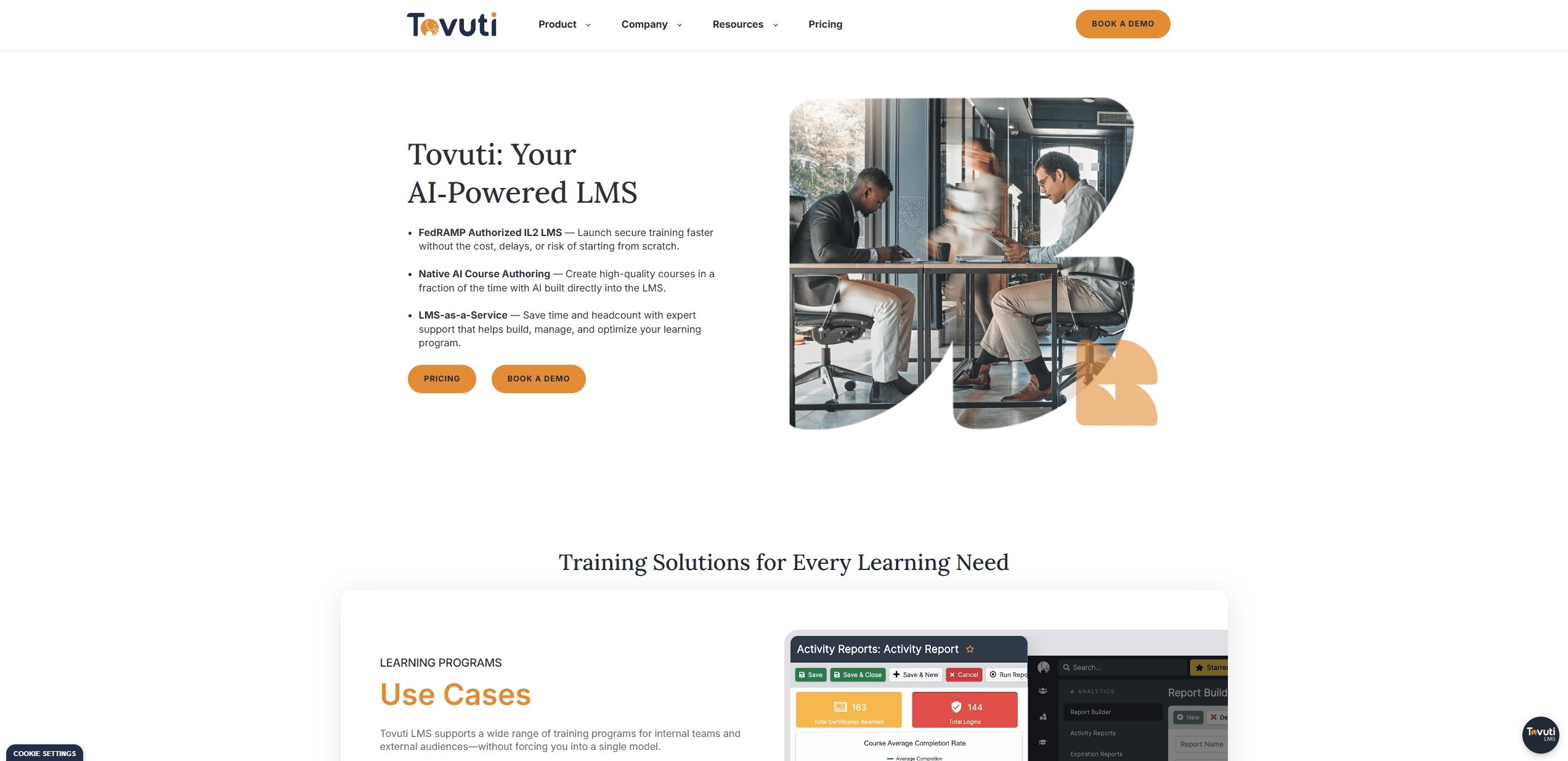 Screenshot of Tovuti's homepage