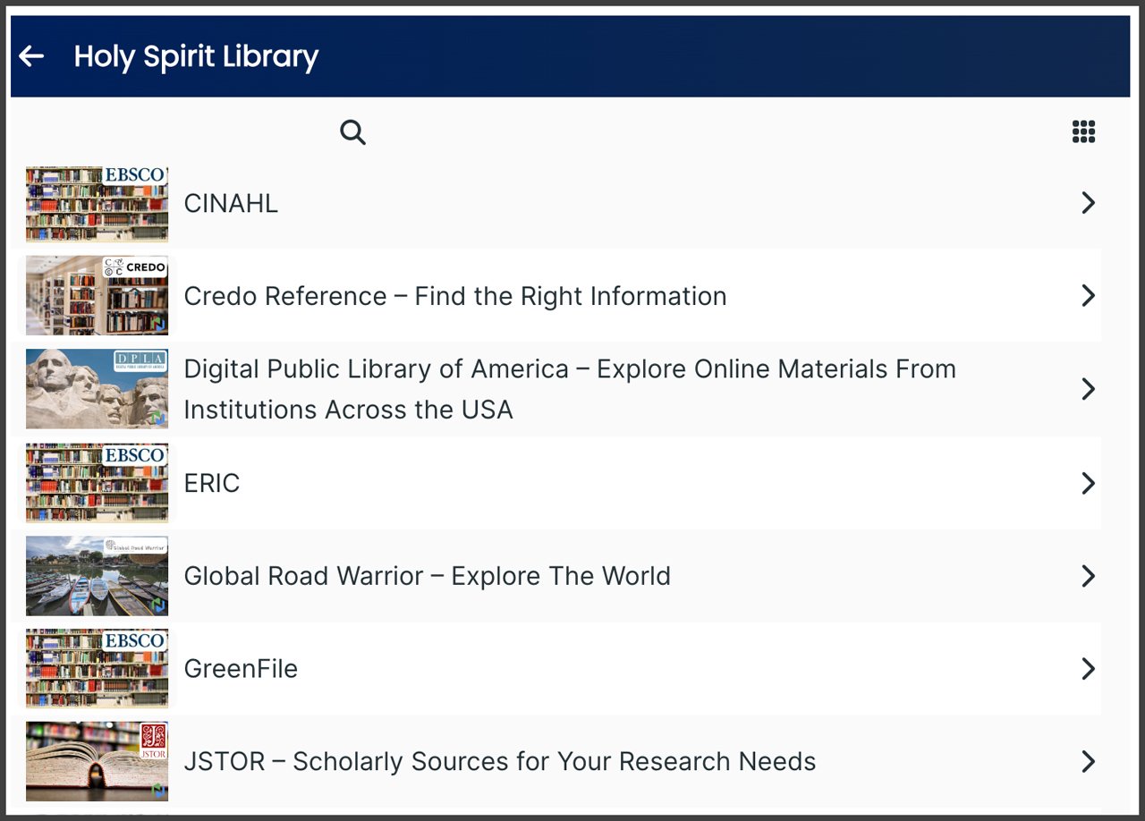 screenshot list of eResource tutorials on Cabrini site