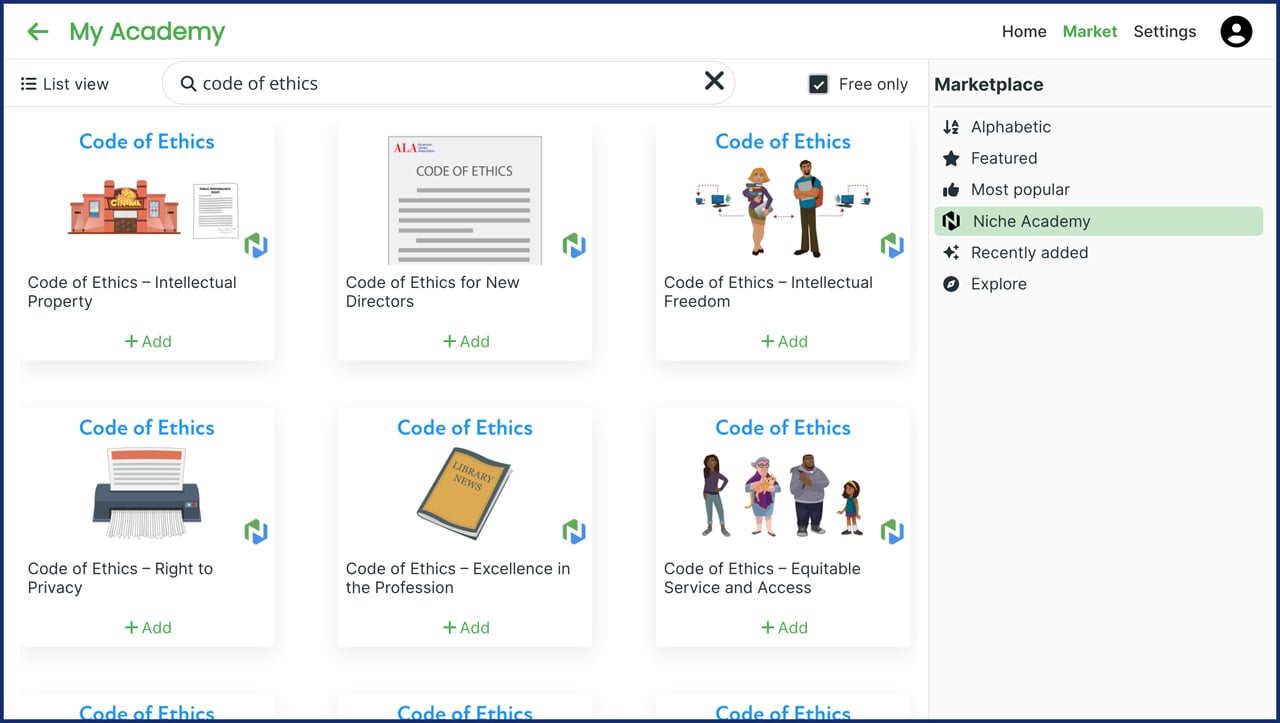 screenshot Code-of-Ethics series in Niche Academy marketplace