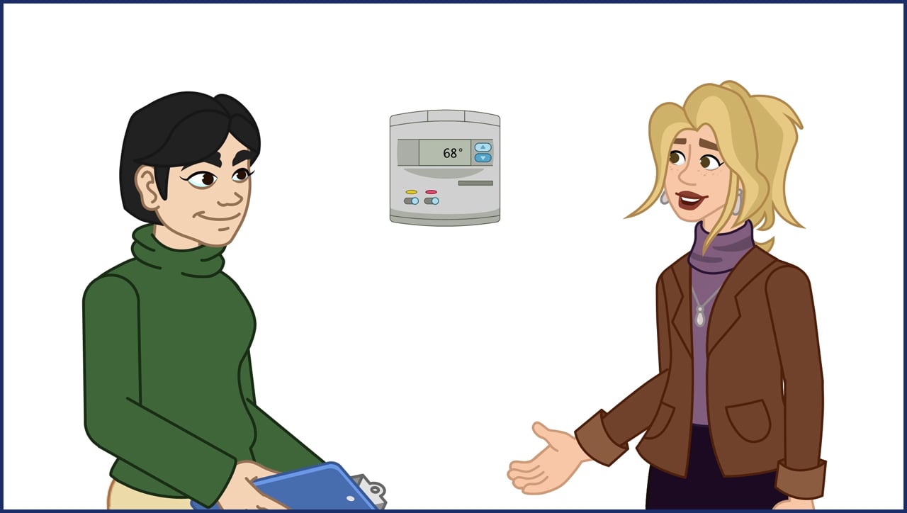 two people talking near a thermostat