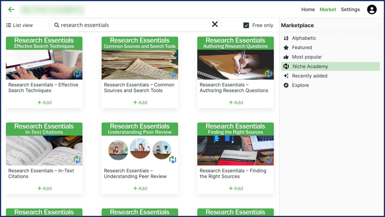 screenshot research essentials tutorials in niche academy marketplace