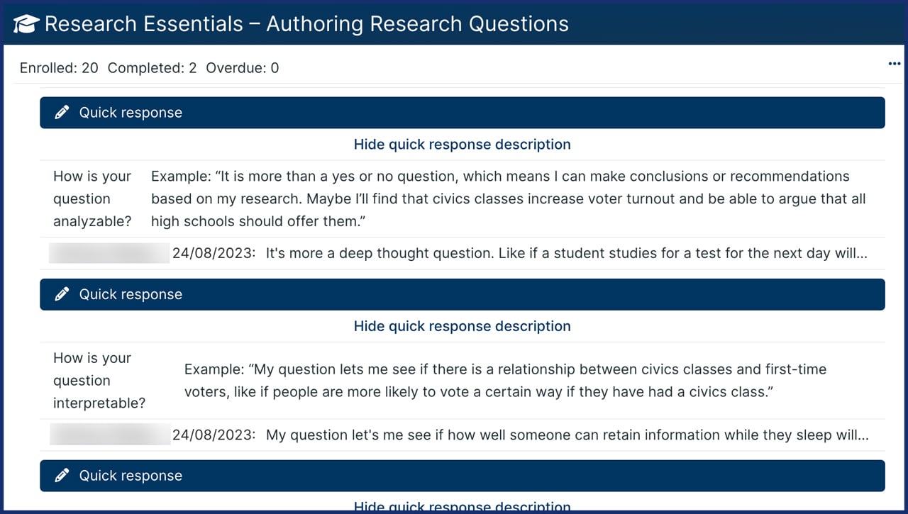 screenshot instructor's view of student responses in a quick response activity