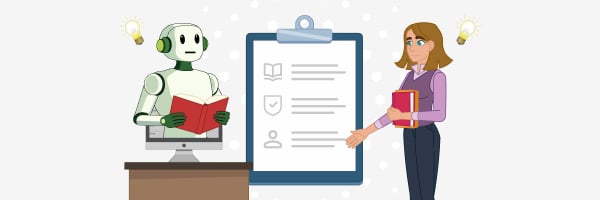 A woman stands on the right, talking to a robot coming out of a computer on the left. Both hold books. A checklist is between them.