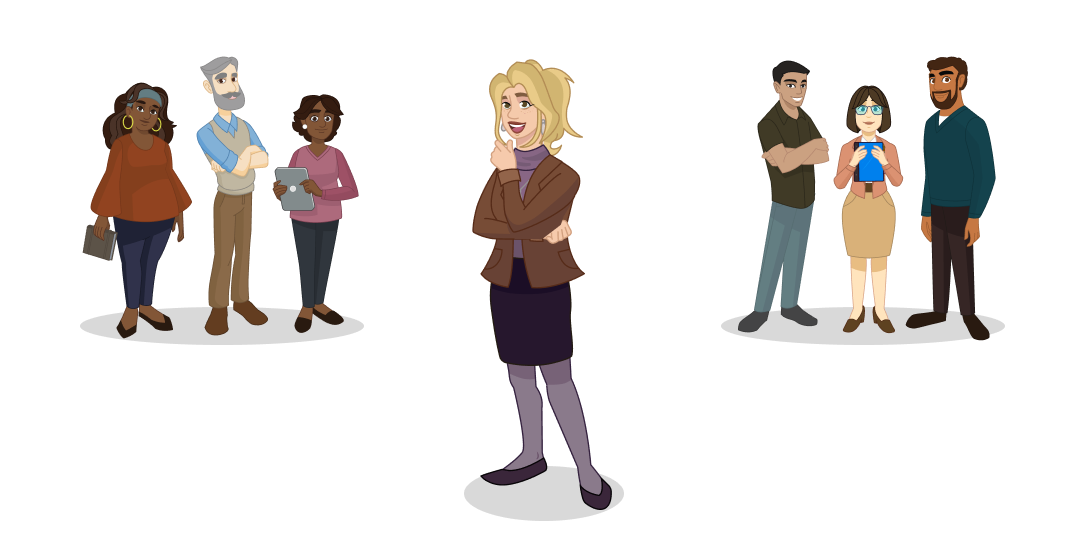 A confident, smiling woman stands in the front center with groups of happy people behind her on either side.