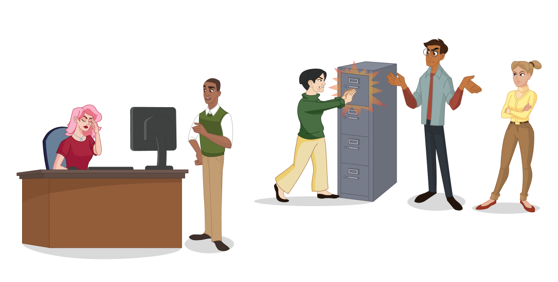 Various people in an office argue and slam file drawers. 