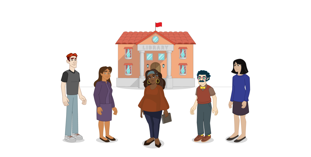 A smiling library director holds a book. Behind her is a diverse group of library trustees. 