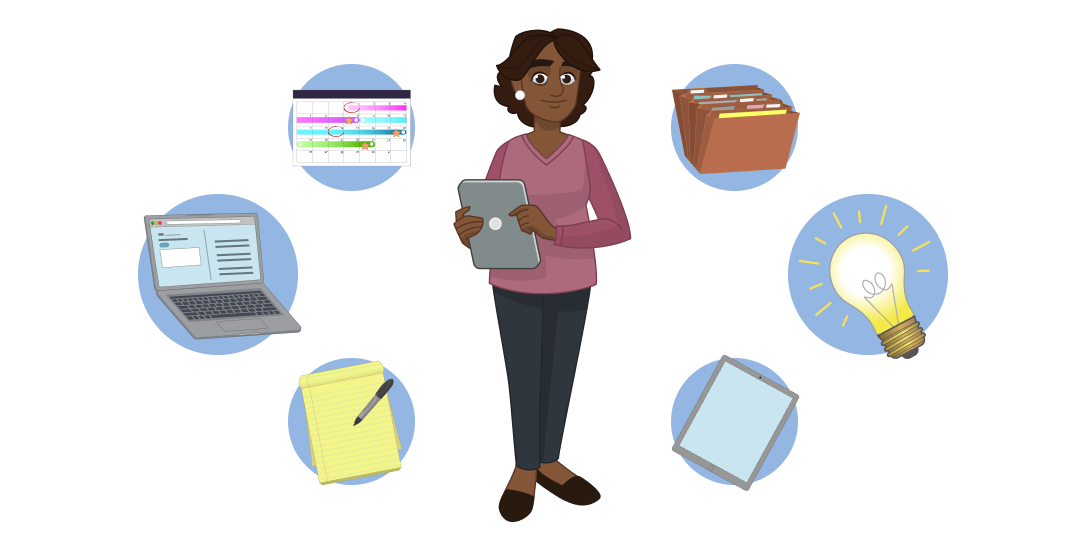 A woman holding a laptop. She is surrounded by bubbles showing files, a lightbulb, a tablet, a legal pad, an open laptop, and a calendar.