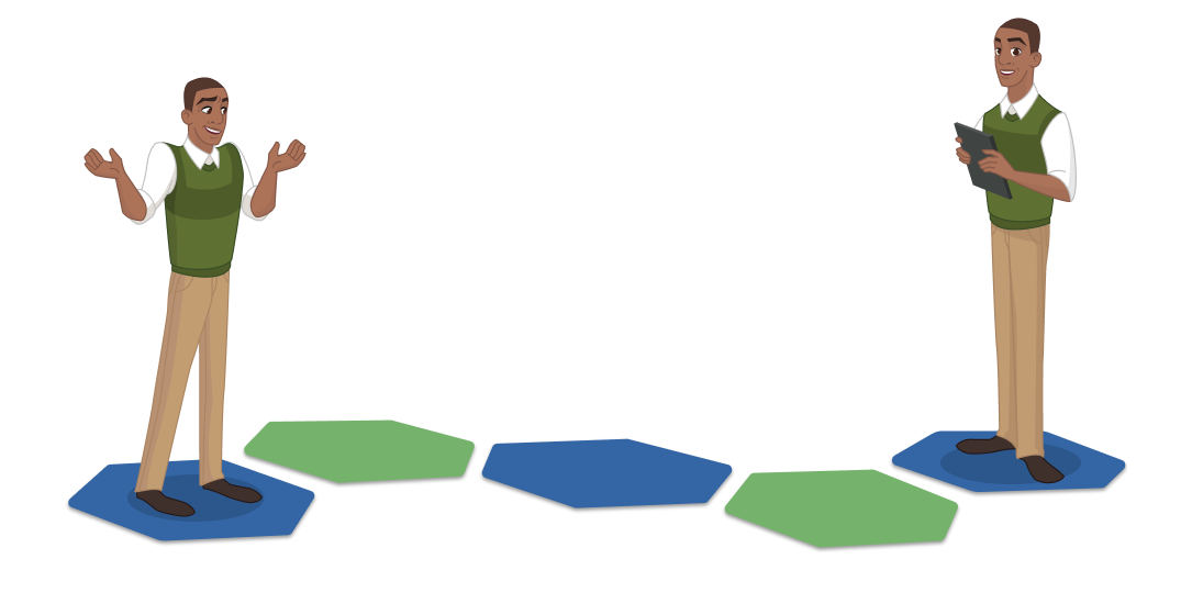 A man shrugs in confusion on the left side of the screen. Blue and green tiles lead to the same man confidently holding a clipboard