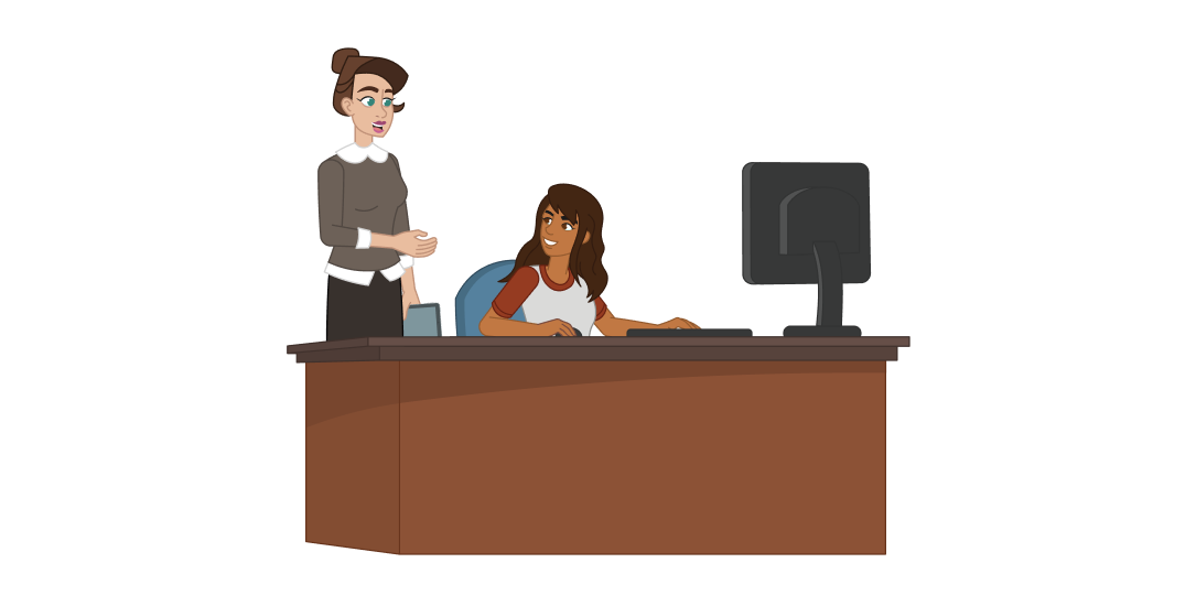 A librarian helps a patron working at a computer.