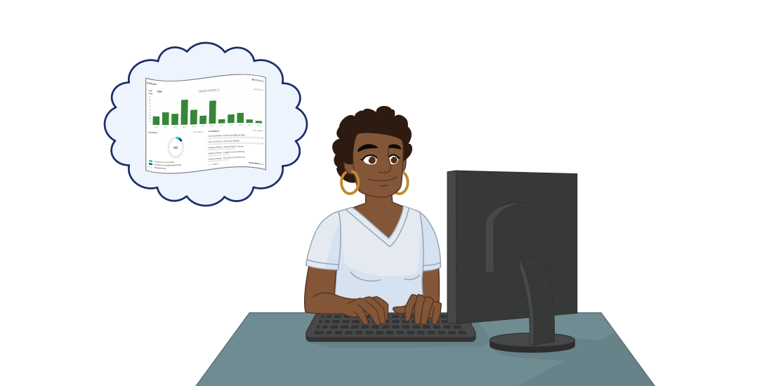 A person reviews training analytics on a laptop while thinking about their learners.