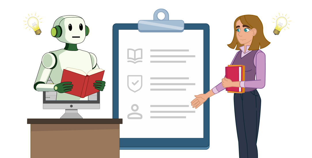 A woman stands on the right, talking to a robot coming out of a computer on the left. Both hold books. A checklist is between them.