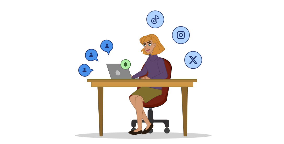 A young woman sitting at a desk typing on a laptop. She's surrounded with social media icons for TikTok, Instagram, and X as well as a bell and three images of people.