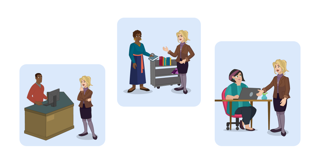 Three scenes of the same staff person being trained. In the first, she is talking to someone at a service desk. In the second, she is talking to someone pushing a book cart. In the third, she is talking to someone typing on a laptop. 