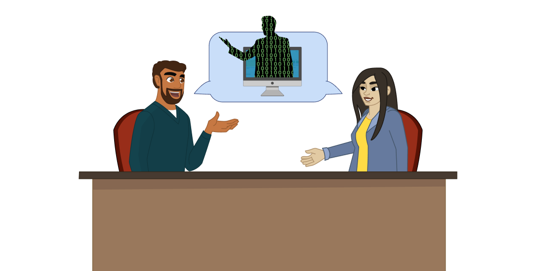 A man and woman talk at a desk. Between them is a talk bubble showing a human figure covered in zeros and ones coming out of a computer screen. 