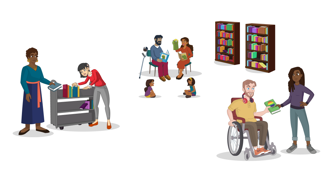 A diverse group of people reading, telling stories, and sharing books in a library.