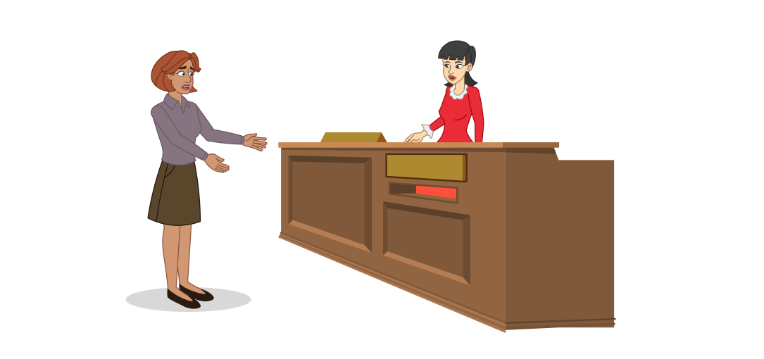 A librarian helps an upset woman at the reference desk. 