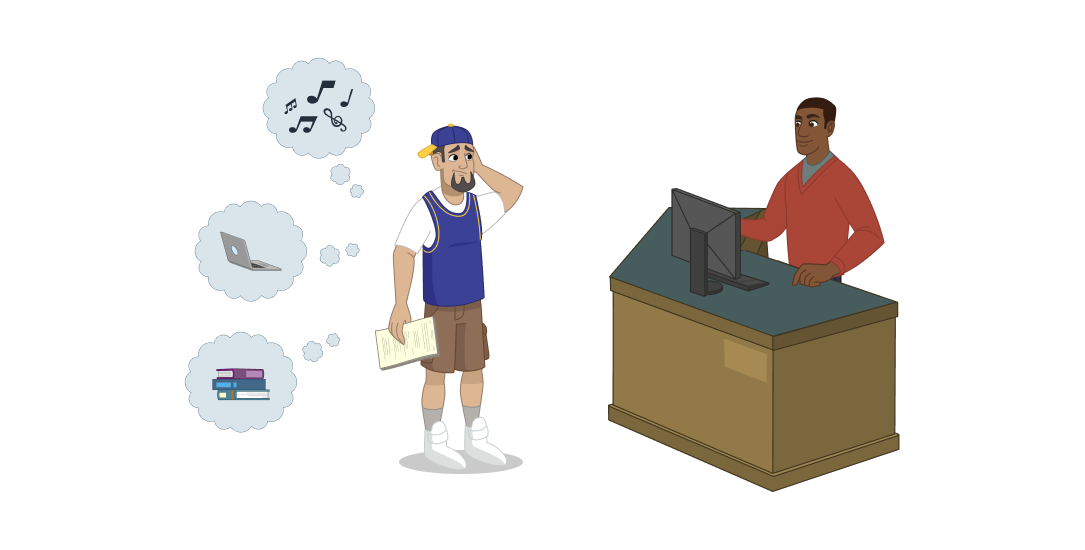 A confused student holding a term paper stands in front of a librarian. Behind the student are thought bubbles showing music notes, a laptop, and books. 