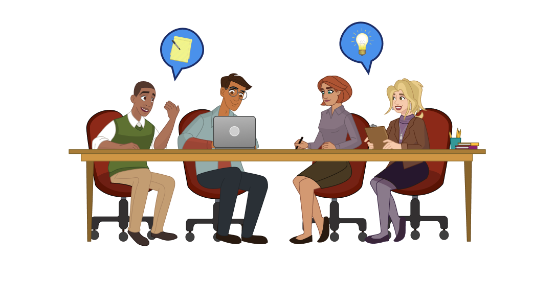 Two men and two women sit at a table and talk animatedly. Above the man on the left is a talk bubble with a pad and pen in it. Above the woman on the right is a talk bubble with a lightbulb in it. 