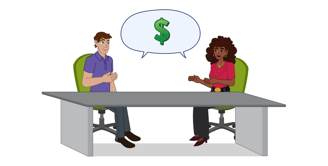 A man and a woman talk at a table. Between them is a talk bubble with a dollar sign in it.