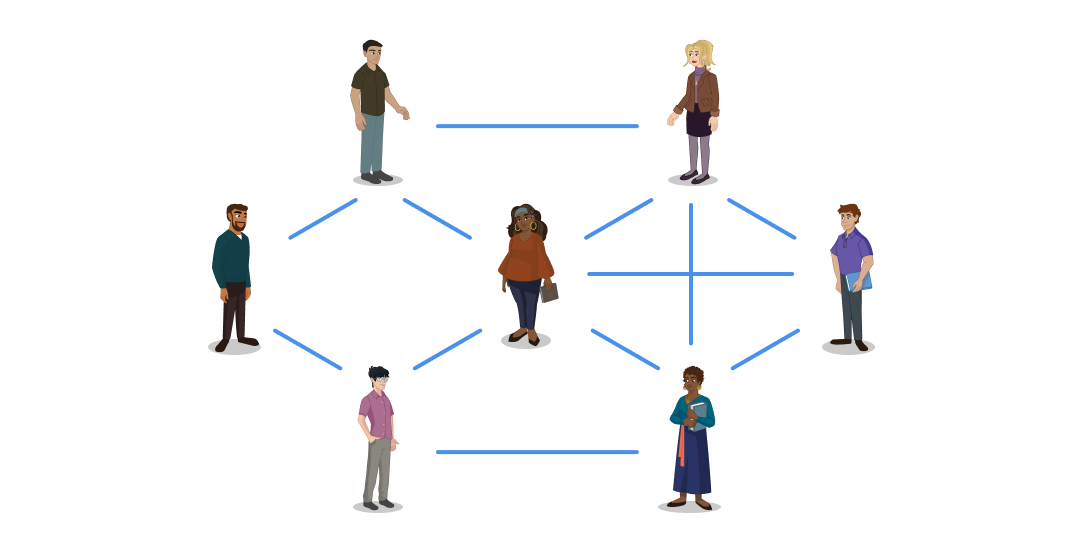 A network of diverse people connected to each other by blue lines linking one to the other. 