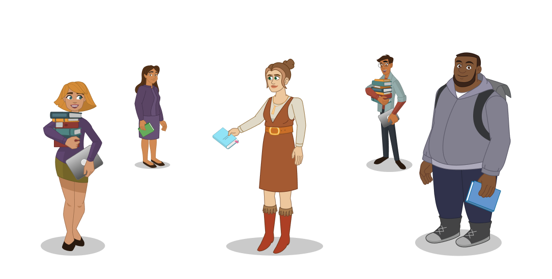 A smiling librarian hands a book to a young woman holding a stack of books. They are surrounded by three other happy people holding books and laptops. 