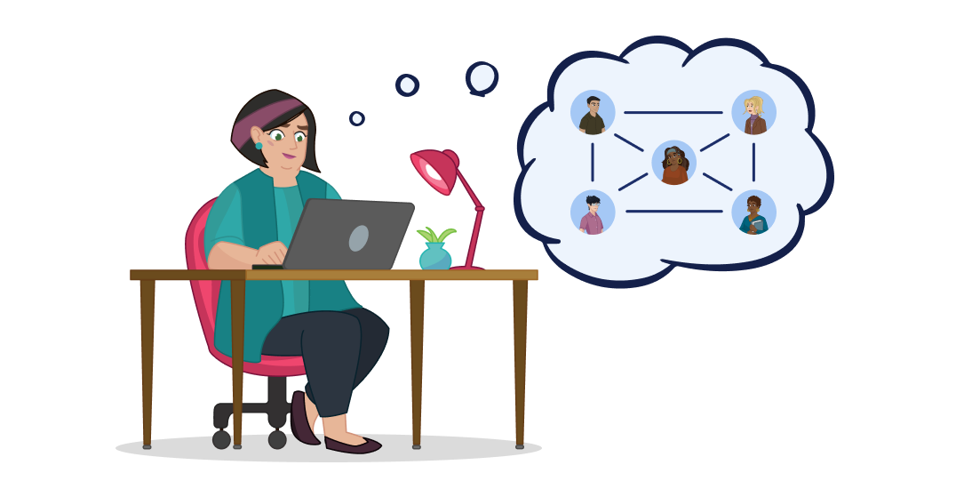 A woman types on a laptop. A thought bubble next to her shows five other people with lines linking them together. 
