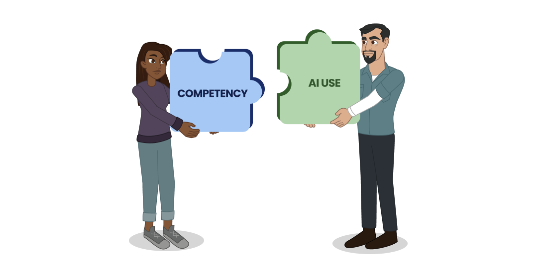 Two people hold large puzzle pieces. One says “Competency” and one says “AI Use”.