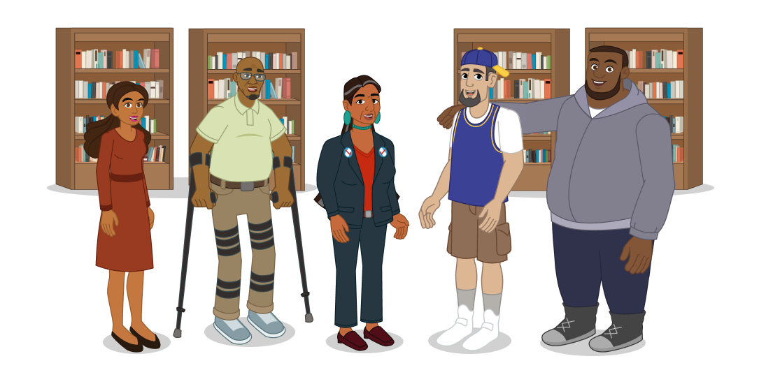 A diverse group of people stand in front of library shelves, smiling at the camera. 