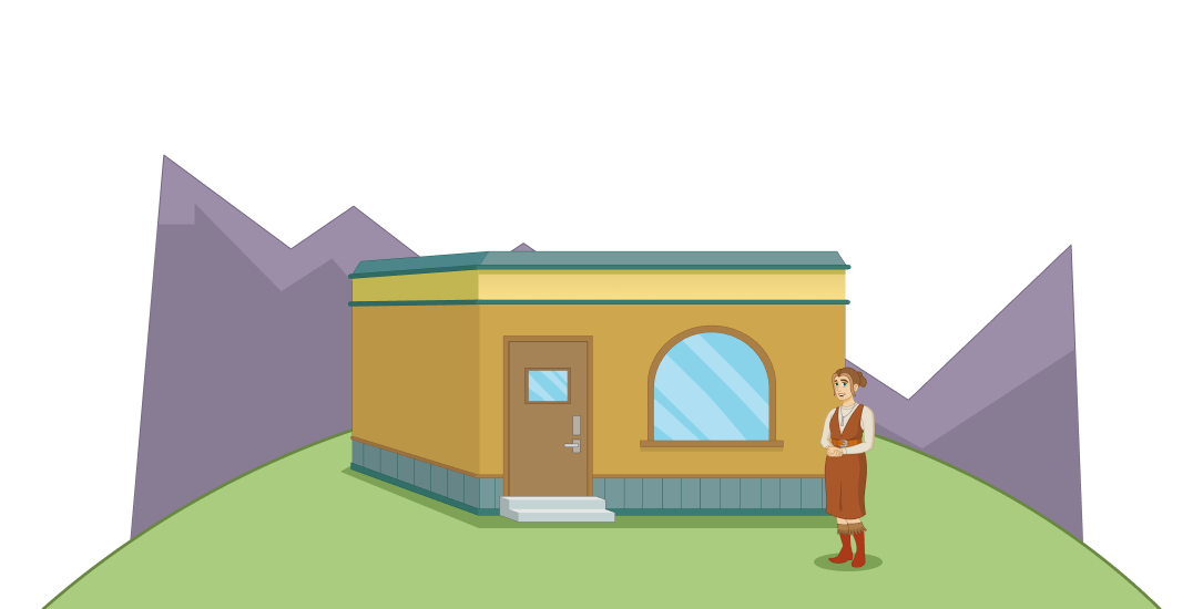 A librarian stands in front of a small library building