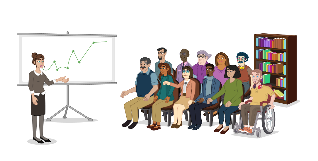 A librarian makes a presentation to a room full of diverse people.