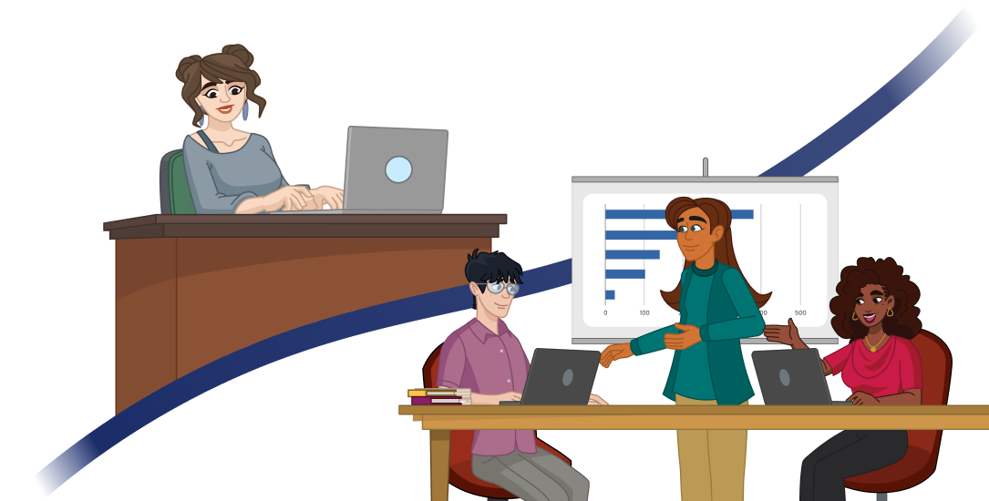 Two scenes separated by a blue line. In the upper left, a smiling woman sits at a desk alone taking training on her laptop. In the bottom right, a facilitator runs the same training in person with two other people sitting at a table. 