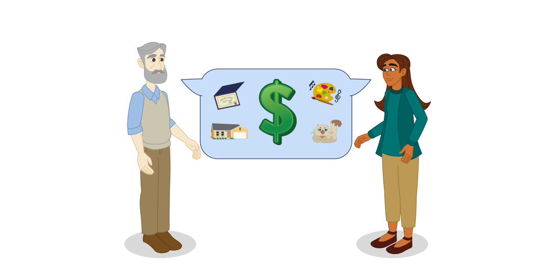 A man and a woman face each other. A talk bubble in the middle shows a dollar sign surrounded by a building, diploma, art palette and cat.