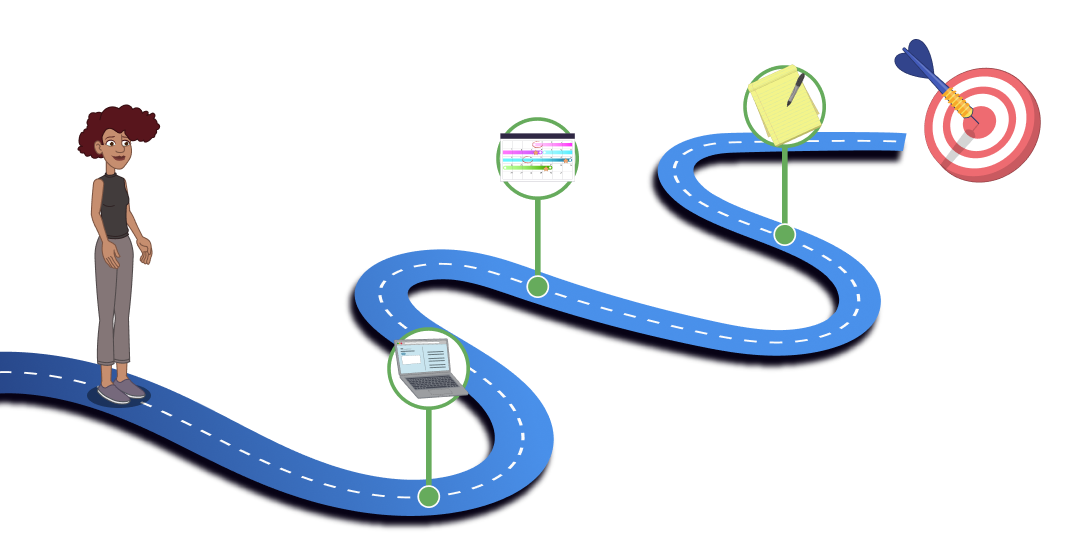 A woman stands on the left side of the screen, connected by a winding road to a bullseye on the right. In between, location points show a laptop, calendar, and legal pad and pen.