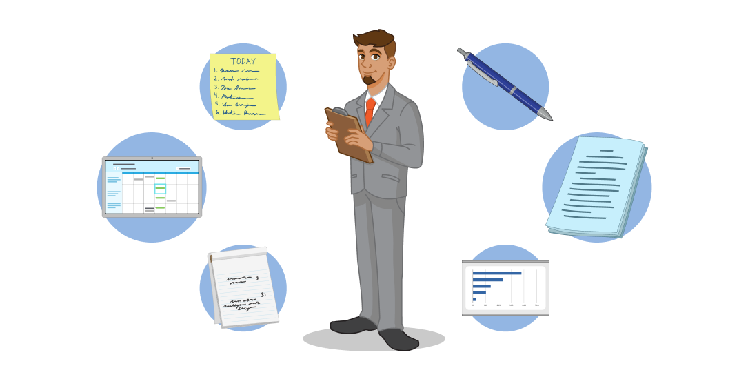 A man in a suit holds a clipboard. Around him, various bubbles show a notepad with writing, an online calendar, a post-it note, a pen, a stack of papers, and a bar graph.