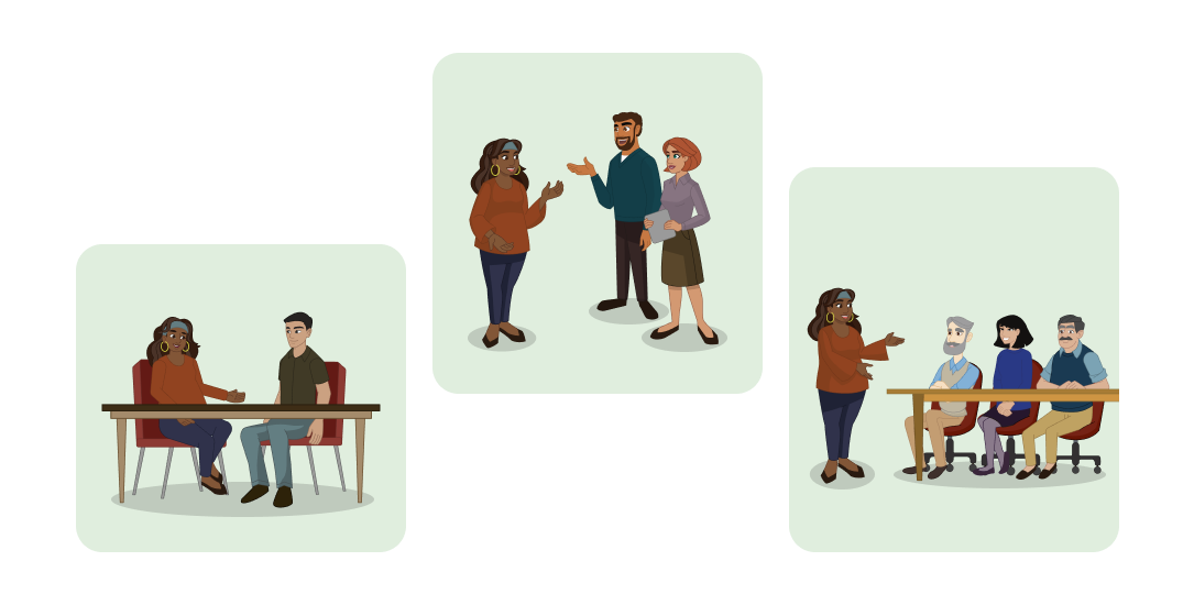 A librarian talks with members of her team. In one scene she sits at a desk with a man. In another she is standing talking to a man and woman. In the third she is talking to a group of people sitting at a table. 